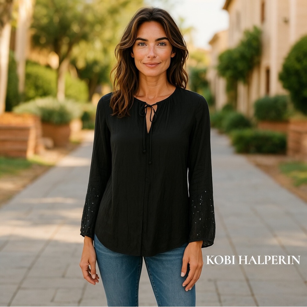 Kobi Halperin Black Blouse with Tie Neck Sequins